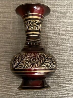 Vintage  Engraved Metal Brown And Gold Vase with flowers, made in India